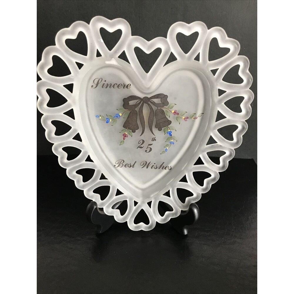 Vintage Westmoreland Glass Lace Edge Heart Shape 25th Anniversary Frosted Plate - Picture 1 of 4